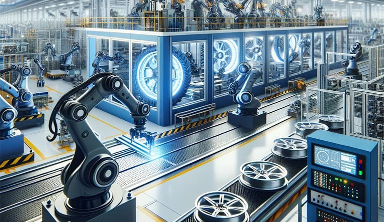 Modern wheel manufacturing facility with advanced robotic machinery and high-tech equipment, highlighting the innovative flow-forming process in a clean, futuristic factory setting.