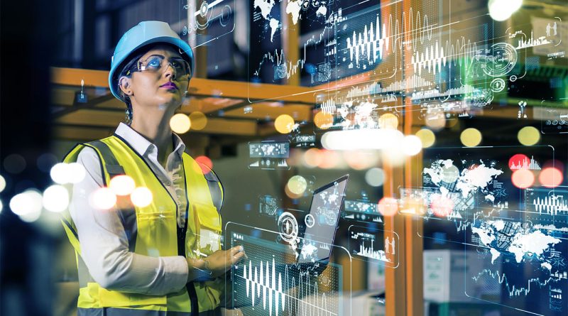 Image of a female construction worker working with futuristic machinery to support manufacturing 2024 article
