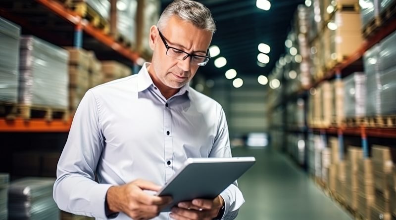 Image of a man in a working warehouse looking down at a handheld tablet to support manufacturing costs article