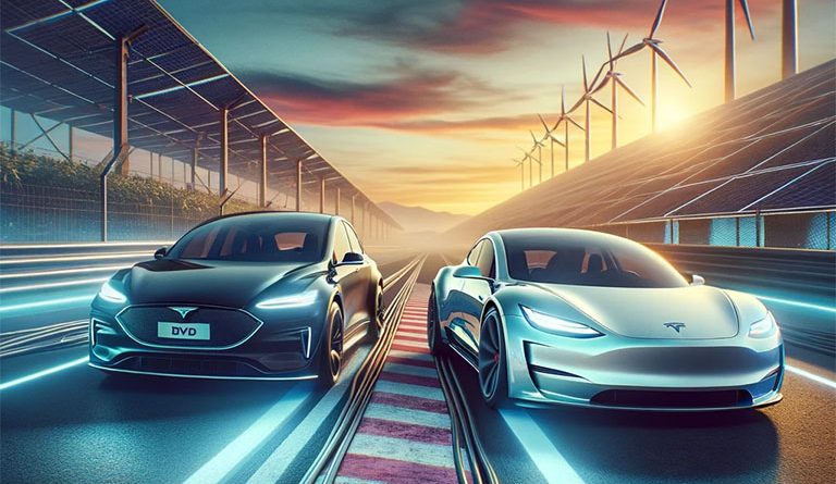 Digital image of two electric cars racing against each other on a track with wind turbines either side to support BYD article