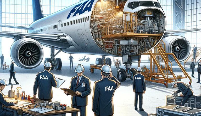 Digital image of a Boeing 737-9 MAX aircraft in a workshop surrounded by manufacturing workers