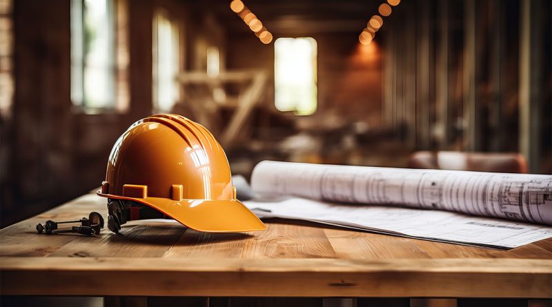 Image of a yellow hard hat on a wooden table next to some paper plans in a warehouse to support Texas Manufacturing Outlook Survey article