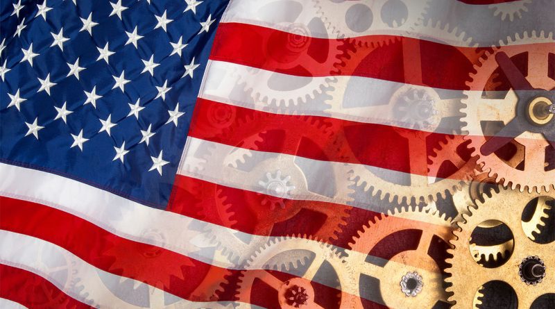Image of the American flag with machine cogs embedded within it to support manufacturing USA article