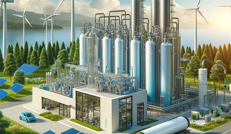 Illustration of a modern clean hydrogen production facility, utilizing solar and wind energy, symbolizing the DOE's investment into a sustainable future and fuel cell manufacturing