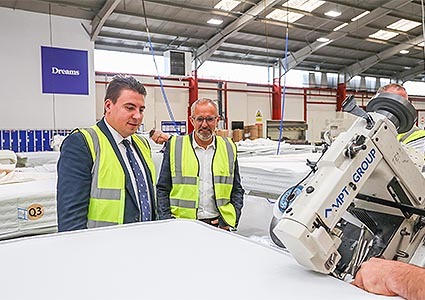 Shaun Bailey and Paul Solly. Shaun Bailey, MP for West Bromwich West visits the Dreams bed factory in Oldbury, West Mids on September 28 2023 for a tour of the factory to celebrate 20 years of Dreams being in production