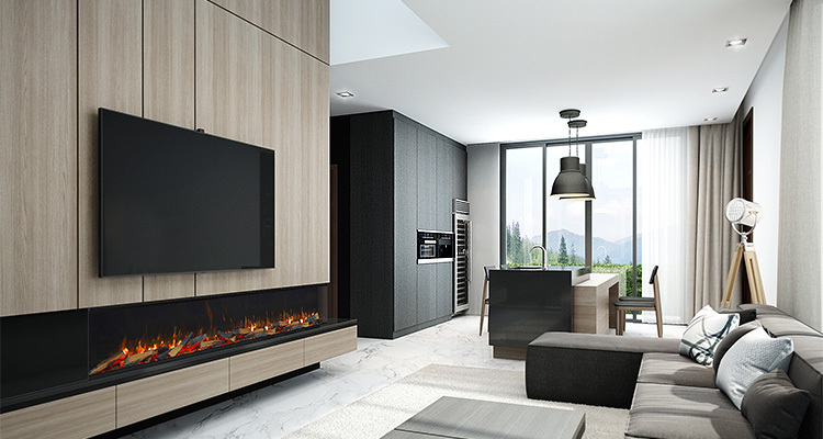 wall mounted fireplace in modern appartment