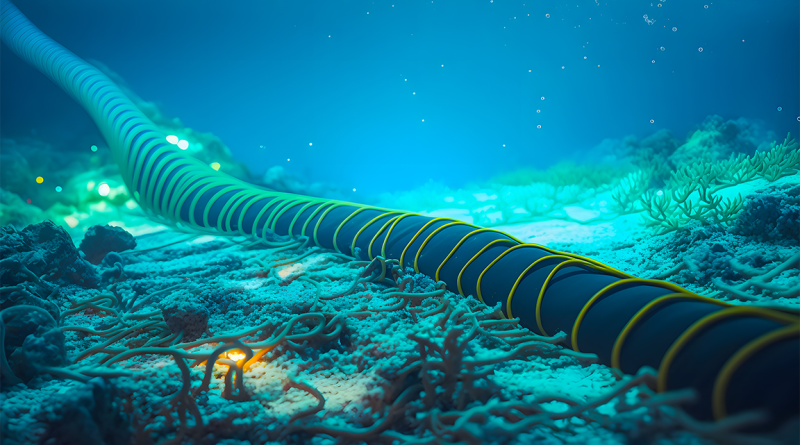 Digital image of a large cable running through the sea to support Subsea cable article