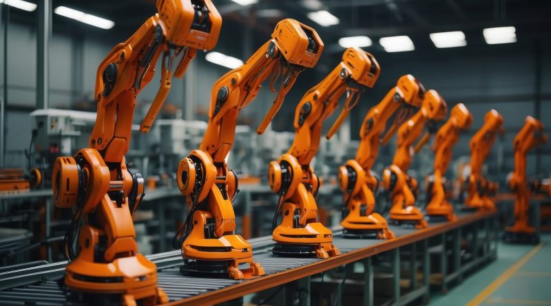 Image of a row of robotic arms in large warehouse to support defense manufacturing article