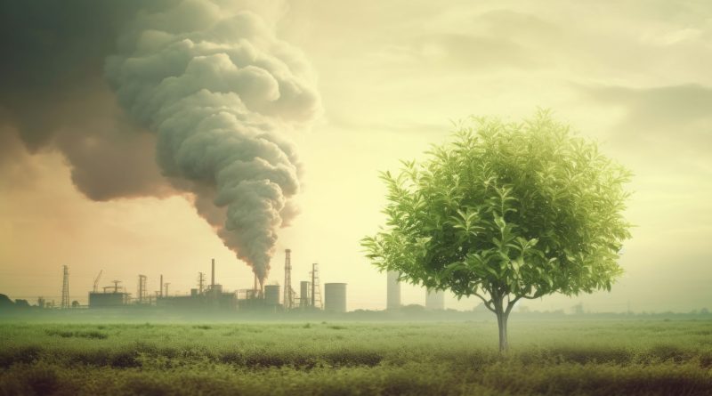 Image of a tree in front of a large manufacturing plant with chemical fumes coming out the top to support manufacturing emissions article
