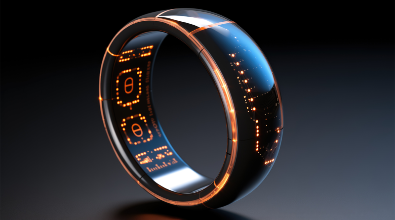 Digital image of a black and gold smart ring with various different screen displays on it