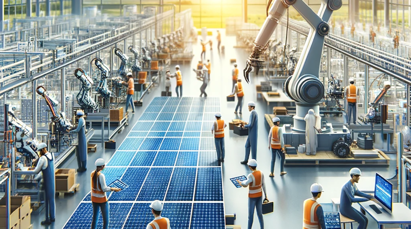 Inside view of a bustling solar panel manufacturing facility with diverse workers and automated machinery, symbolizing innovation in renewable energy.