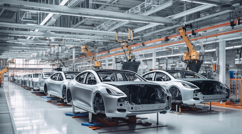 Image of an electric vehicle production line in a factory to support Tesla production article