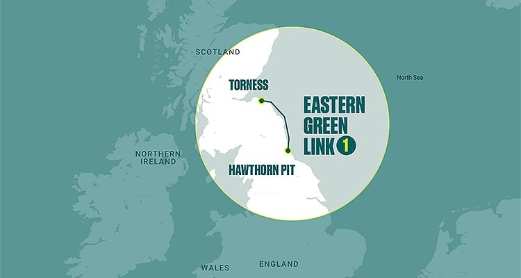 Map of UK with Eastern Green Link between Torness and Hawthorn Pit Highlighted