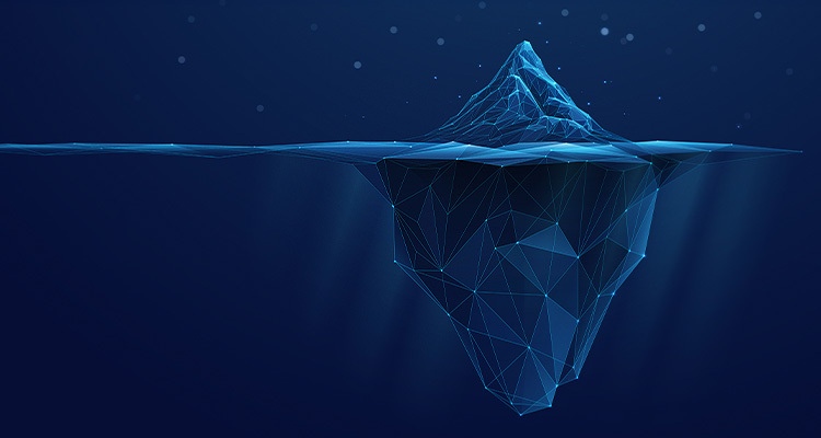 Digital Antarctic iceberg in the ocean in futuristic polygonal style on dark blue technology background