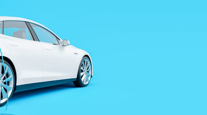 Image of a white electric car against a blue background to support Stellantis article