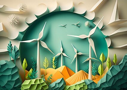 A graphic of a wind turbine with a blue background with clouds and trees.