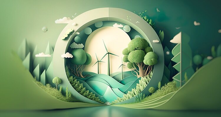Paper art , renewable energy with green energy as wind turbines , Renewable energy by 2050 Carbon neutral energy , Energy consumption and CO2, Reduce CO2 emission concept