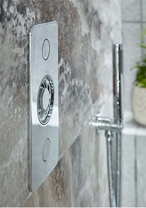 2 Outlet concealed thermostatic shower valve, with push button control in a high shine polished Chrome