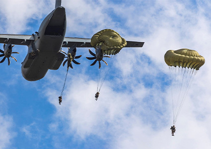 Paratroopers jumping from an airplane