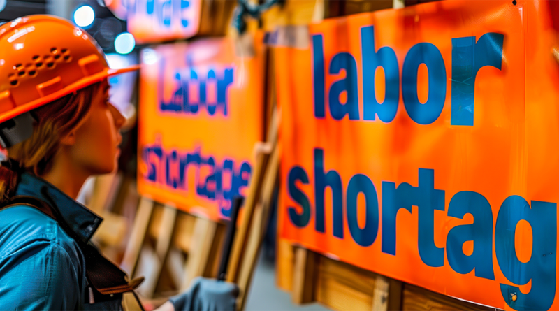 Image of a manufacturing worker stood looking at a sign saying 'labor shortage' to support semiconductor labor article