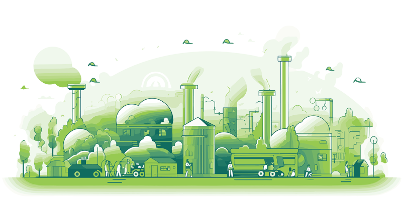 Digital art image of a large manufacturing site all in green colours with trees surrounding to support sustainable manufacturing article