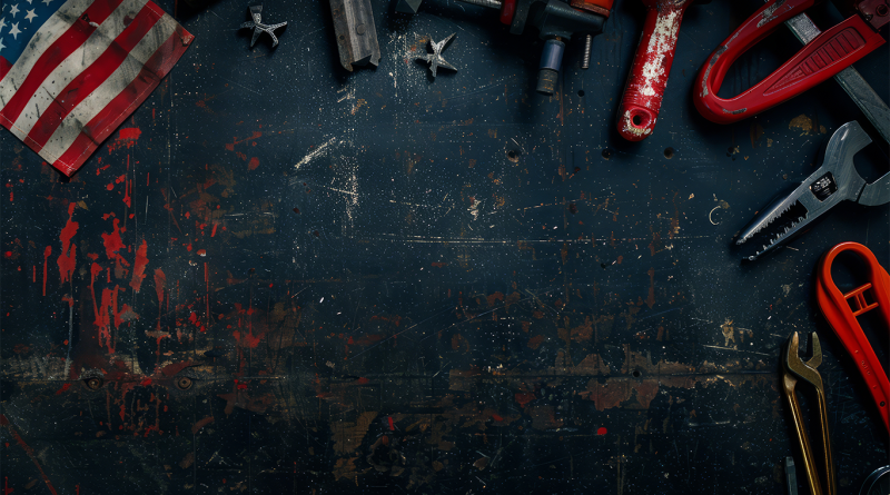 The American flag laid out on a work desk surrounded by different manufacturing tools to support U.S. manufacturing article