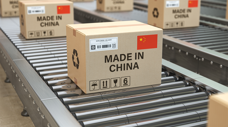 Boxes on manufacturing production line with 'made in China' written on them to support China's manufacturing article