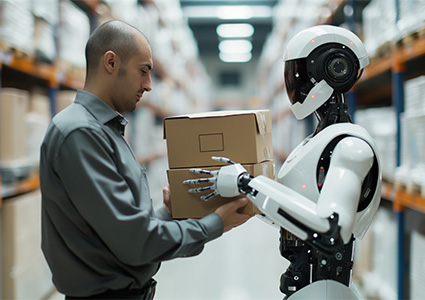 Humanoid robot passing boxes to human worker