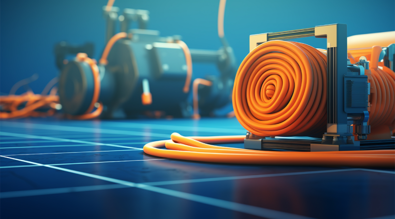 Orange subsea cable reel equipment on blue background to support article
