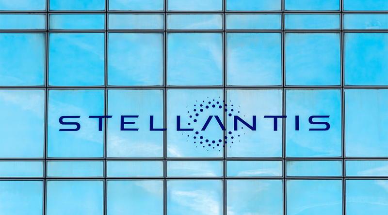 Stellantis logo on glass building to support CEO article