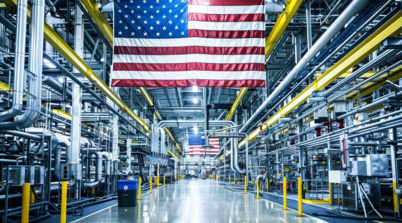 Modern American factory with the flag