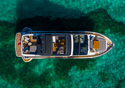 Overhead view of Pearl 72 yacht in turquoise sea