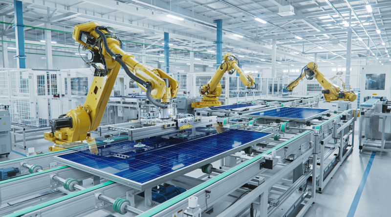 Robotic arms assembling solar panels in a modern advanced manufacturing facility, showcasing automation and innovative manufacturing technology.