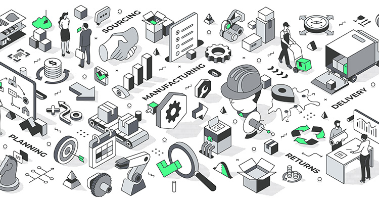 Isometric illustrations of the supply chain management process, showing the stages of SCM such as planning, sourcing, manufacturing, delivery, returns, and the flow of goods and services