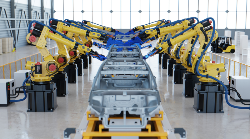 An advanced automotive manufacturing assembly line with robotic arms assembling a vehicle chassis, showcasing future trends in automotive manufacturing.