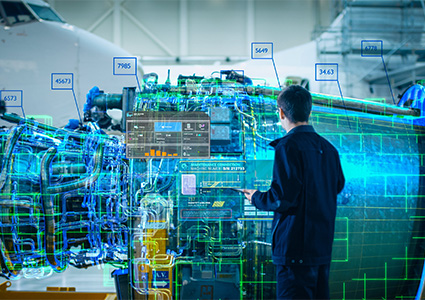 High-Tech Futuristic Technology Concept: Visualization Of Futuristic Airplane Engine Maintenance Conducted by Engineer Holding Digital Tablet Computer. VFX of Analytics Checking the Turbine.