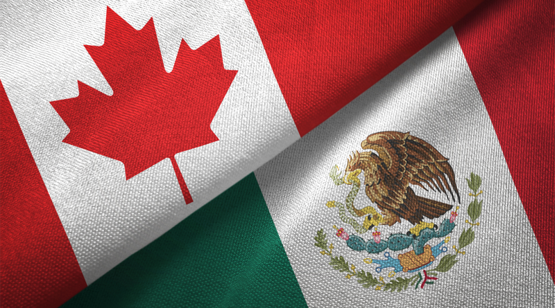 Mexican and Canadian flags next to each other to support import tariffs article