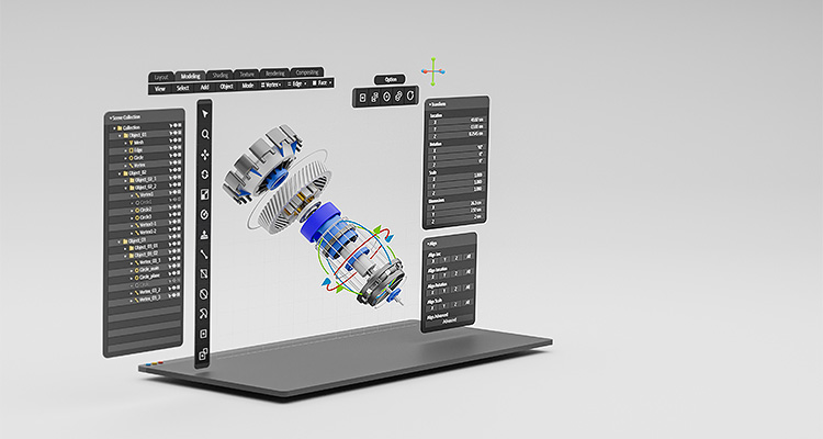 Engineering designer design 3D CAD software program Industrial engine model mechanical dimensional digital manufacturing factory engineer computer screen. 3d rendering.