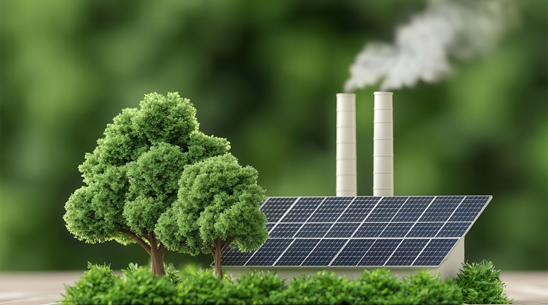 Solar panels, tree and factory chimney models to support sustainable manufacturing article