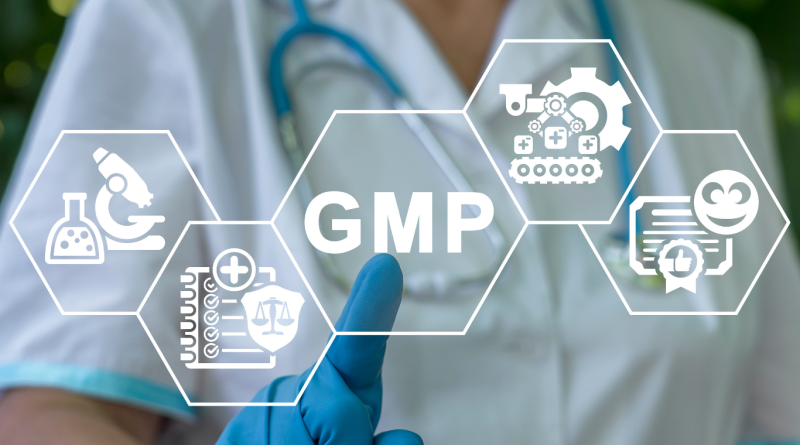 Healthcare professional pointing at GMP (Good Manufacturing Practice) icons representing quality control, compliance, and manufacturing standards.