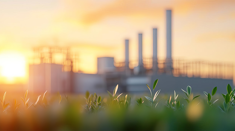 Manufacturing facility with green grass growing all around to support sustainable manufacturing funding article