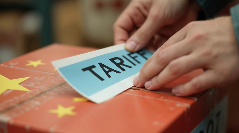 Chinese manufacturing box with 'tariff' sticker on top