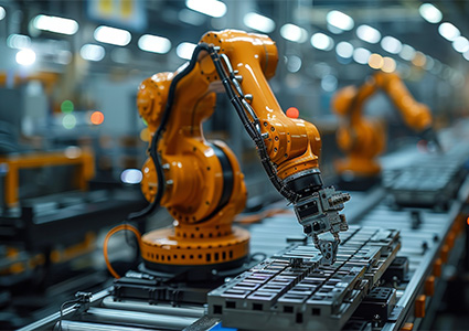 An advanced industrial robot arm operates on a manufacturing line in a modern factory environment