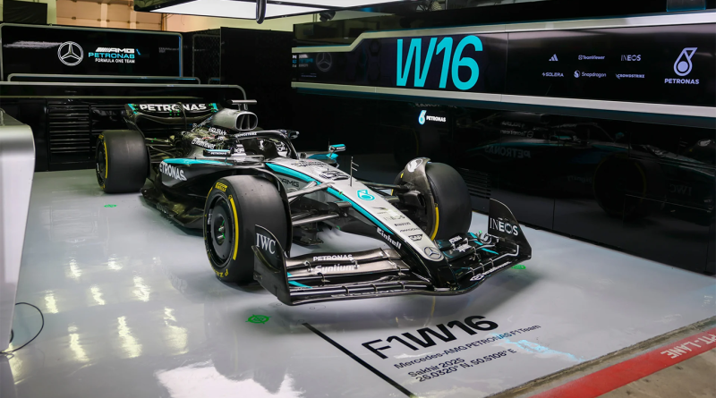 Mercedes F1 Petronas car in stands using Sustainable carbon fiber