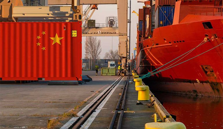 Chinese flag on shipping container at dock to support Modern Line Furniture tariffs article