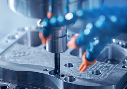 Machine robot CNC turning milling factory metal industry, blue toning color copy space.