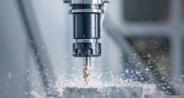 Working closeup CNC turning cutting metal Industry machine iron tools with splash water