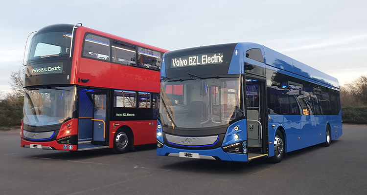 Blue single decker bus next to a red double decker
