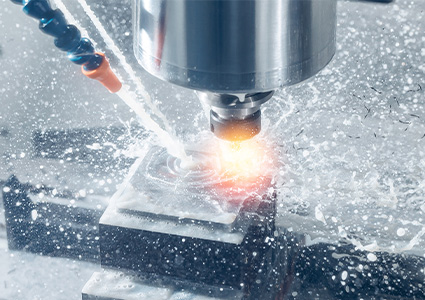 Closeup CNC milling machine during operation. Produced cutting metal parts, banner background of industry heavy factory.
