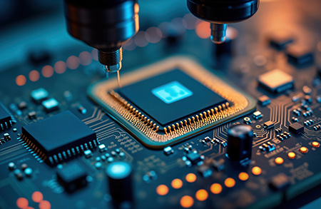 Closeup view of microprocessor assembly on circuit board. Tech equipment placing chip component. Modern manufacturing process in tech lab. Advanced manufacturing procedure. High-tech component